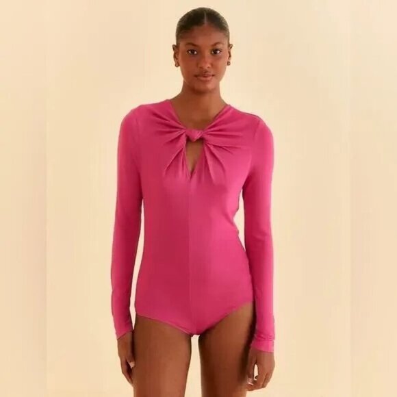 NWT Farm Rio Front Twist Cutout Long Sleeve Pink Bodysuit Size XL - Picture 3 of 8